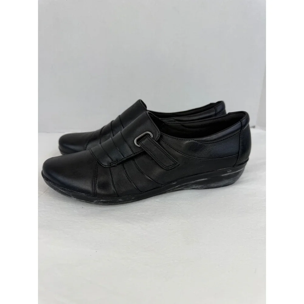 Clarks Collection Black Leather Pleated Hook Loop Strap Loafers Womens 8.5‎ M